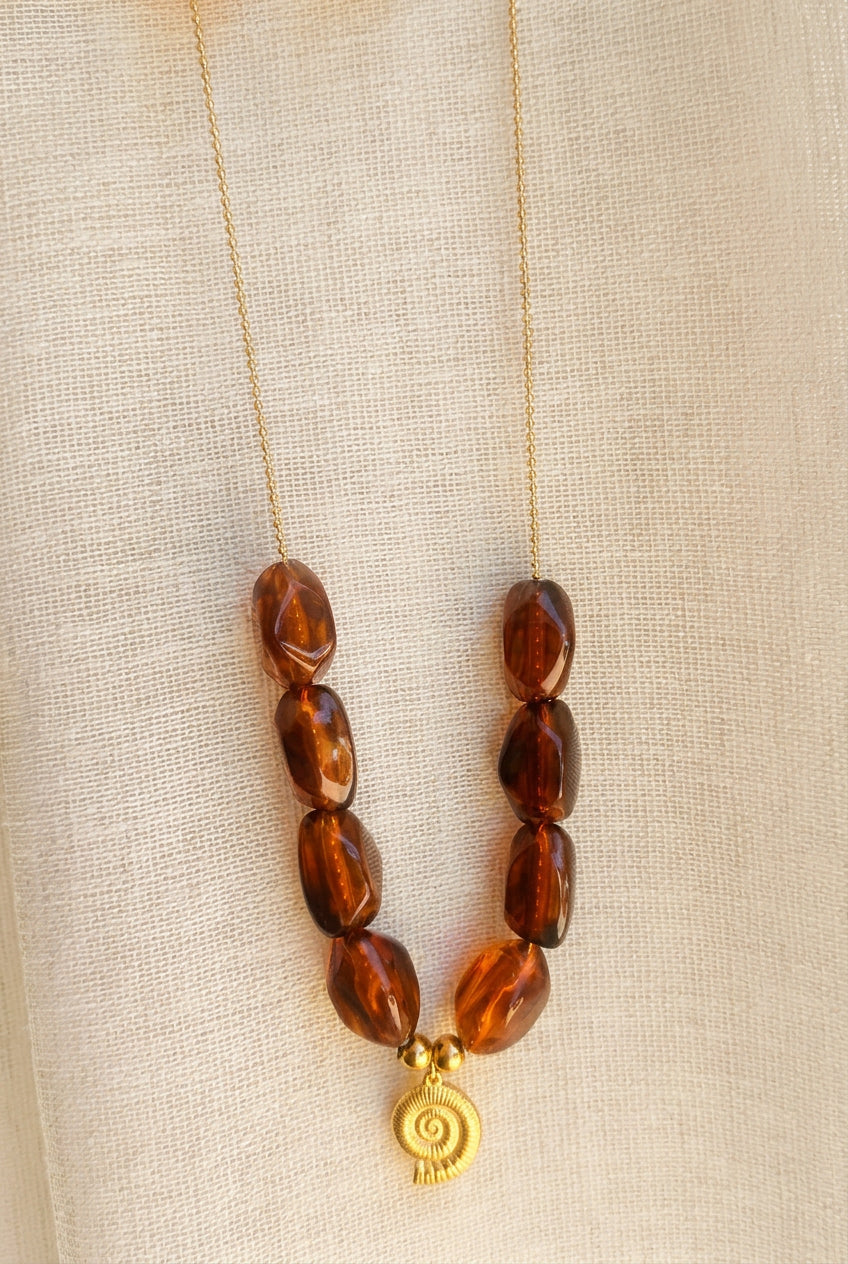 Collier chaine bohème grosse perle ambre et acier inoxydable