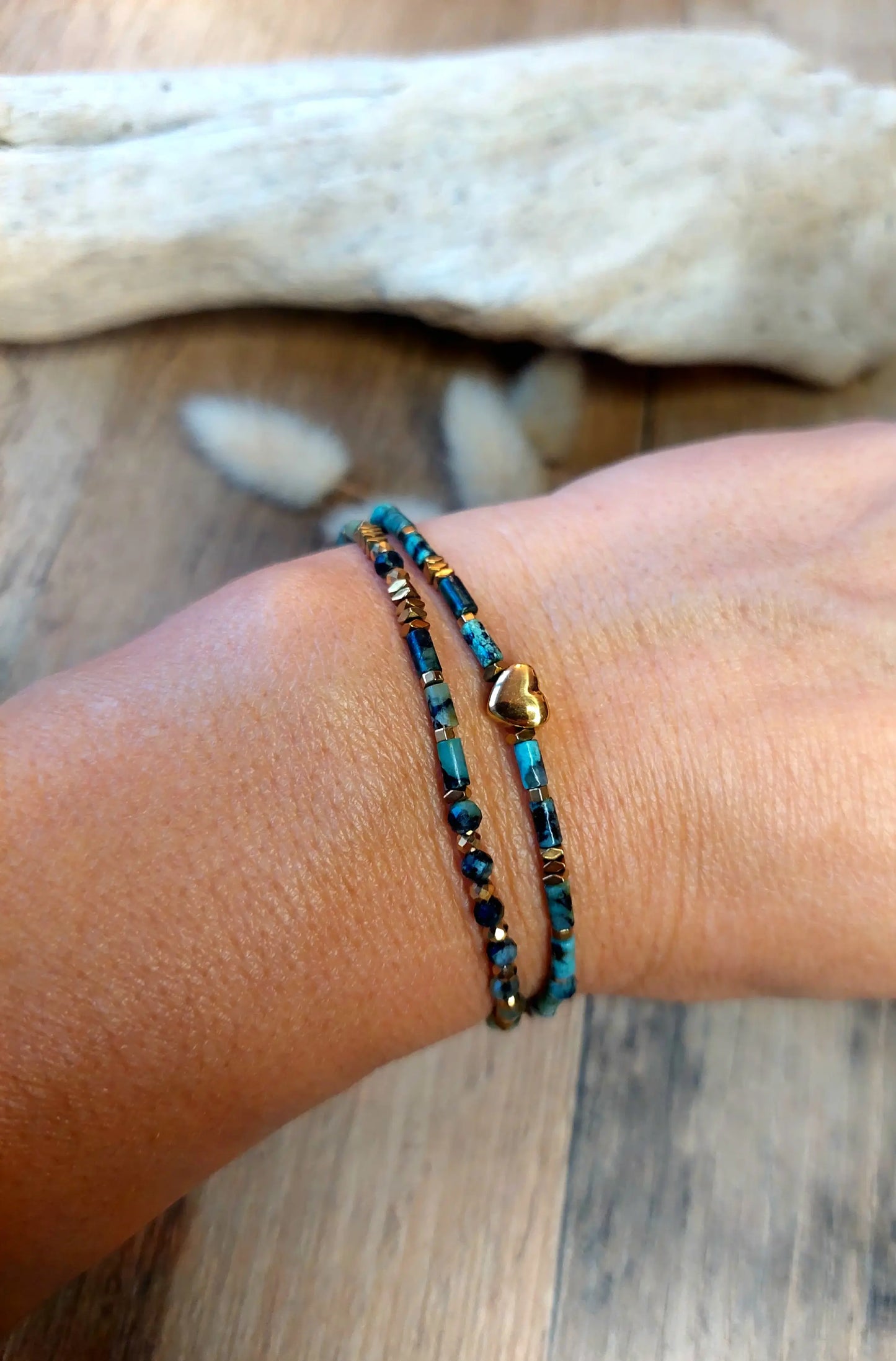bracelet coeur acier inoxydable turquoises africaines fait main