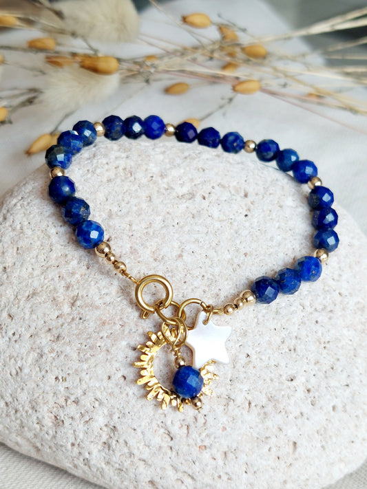 Bracelet Bohème en Lapis-Lazuli, bijou fait main acier doré 316L