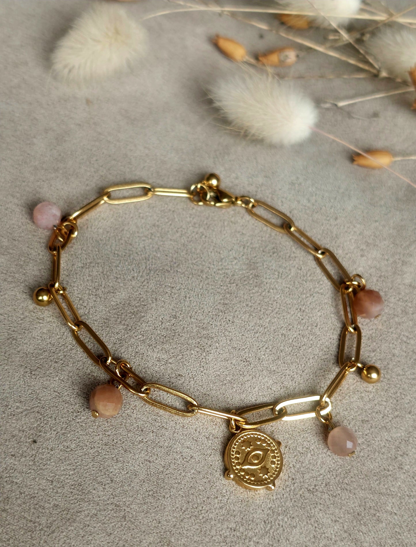 Bracelet bohème acier 316L pampilles pierre de soleil naturelle