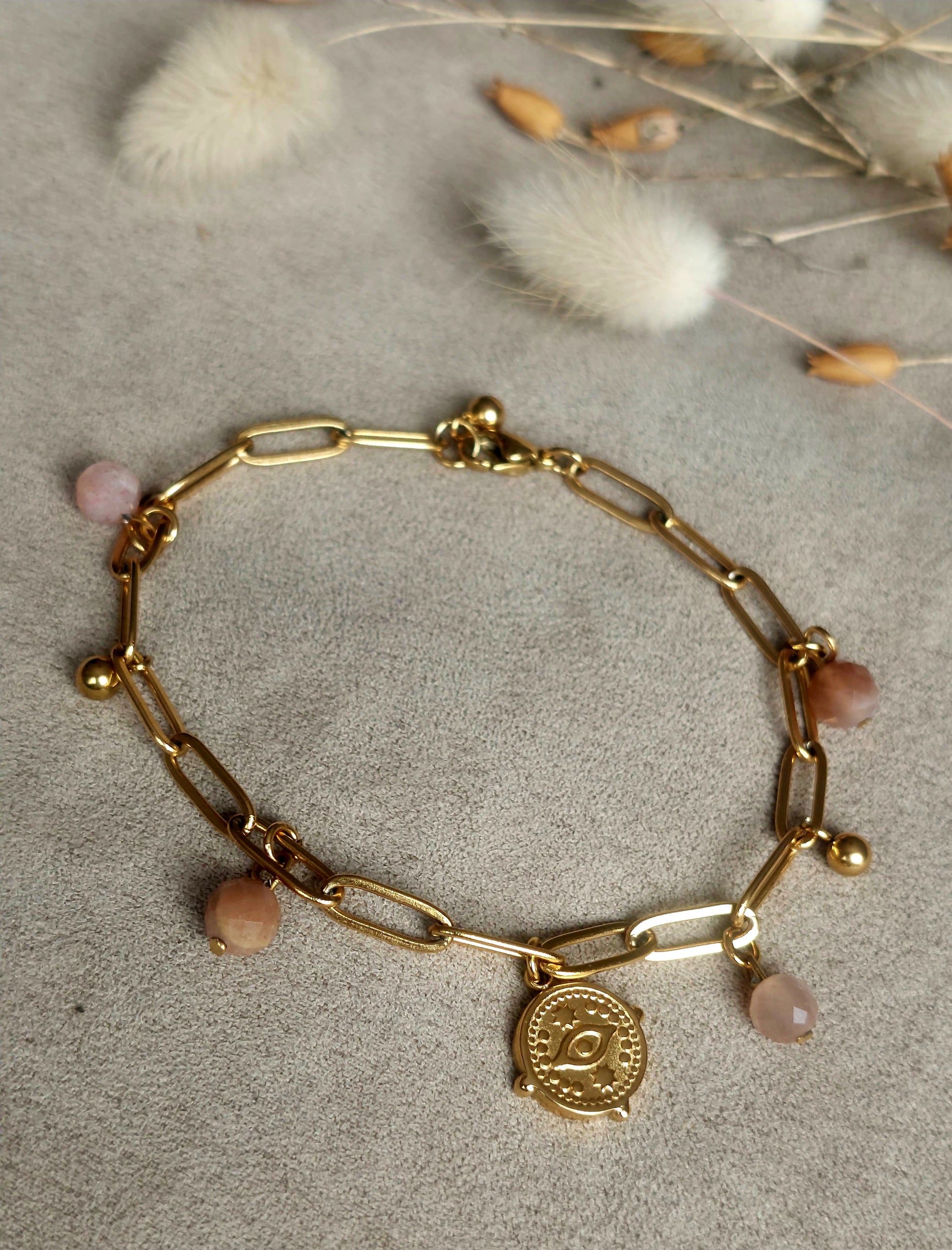 Bracelet bohème acier 316L pampilles pierre de soleil naturelle