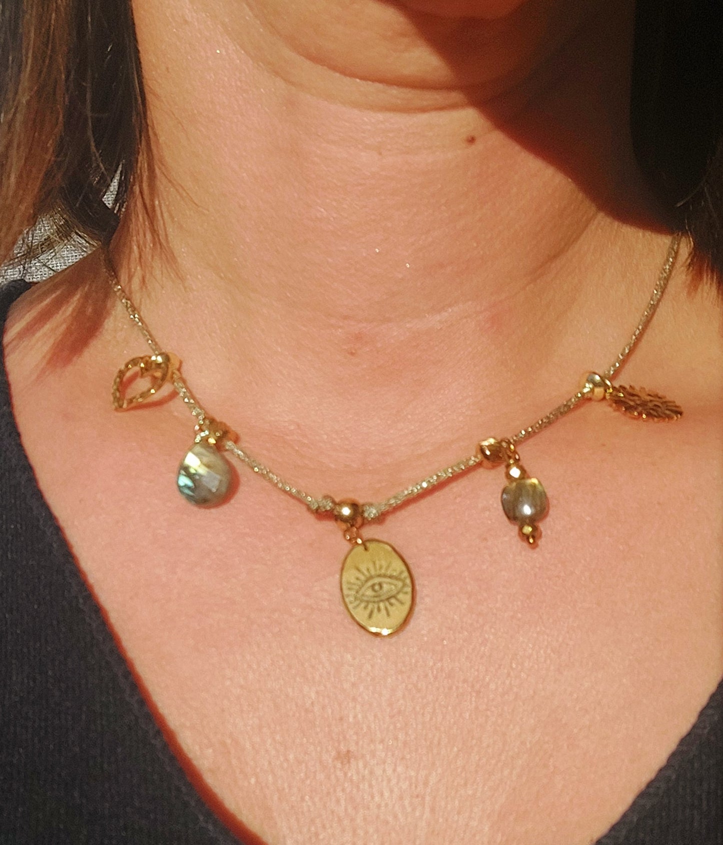 Collier éclat fait main labradorite et acier inoxydable 