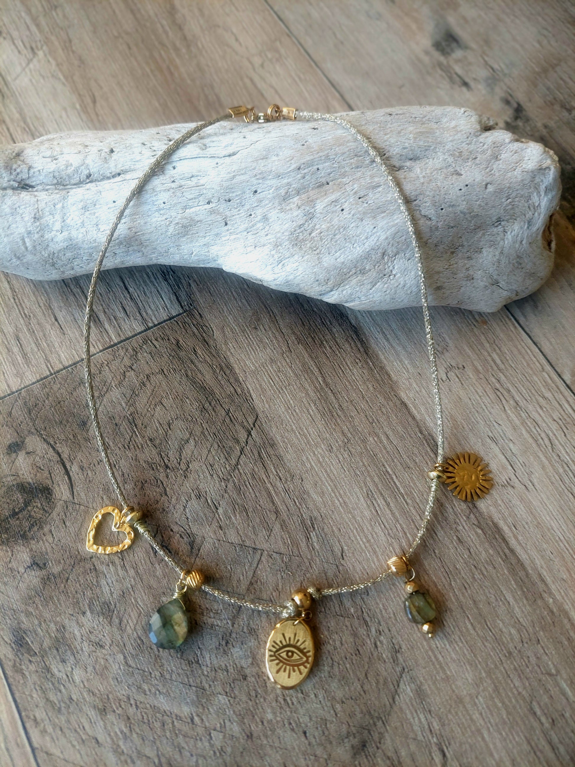 Collier bohème cordon japonais labradorites naturelles fait main 