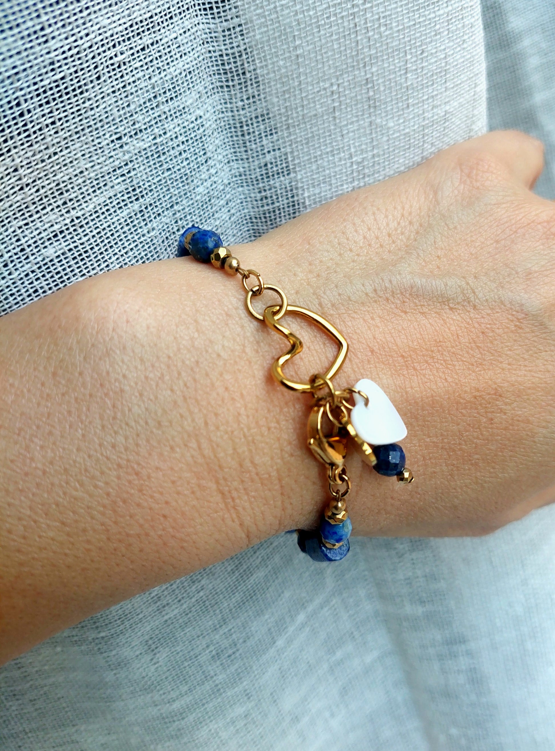 bracelet cœur acier inoxydable et Lapis-lazuli 
