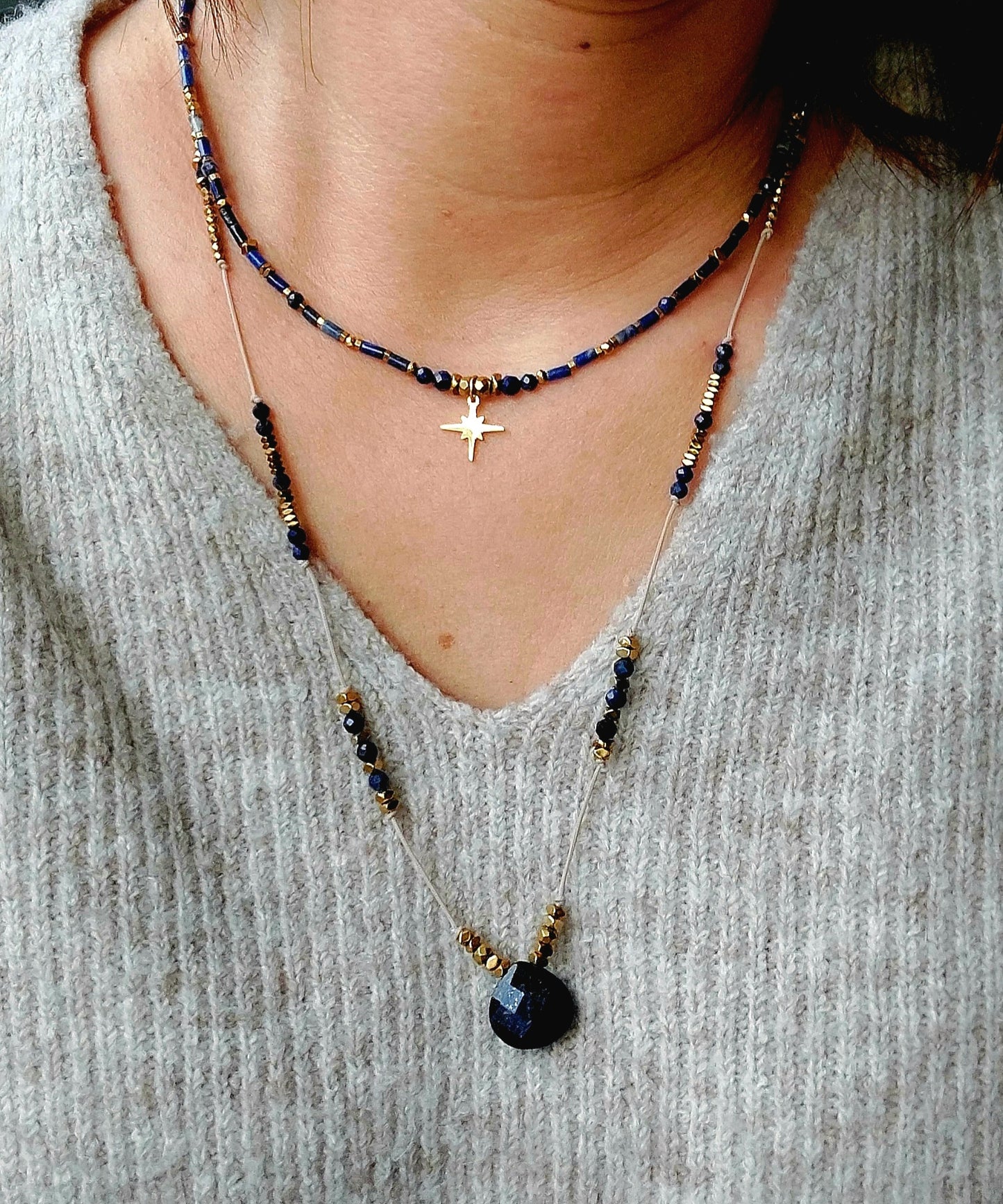 collier perle goutte facettée en lapis-lazuli 