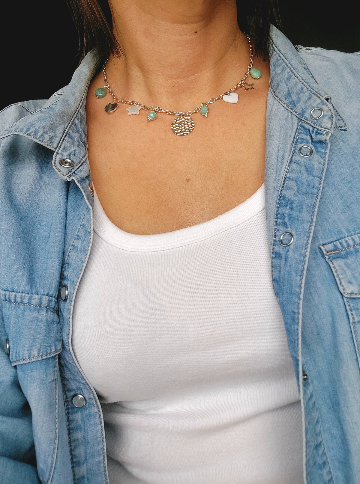 Collier En Argent Massif 925/1000 Avec Incrustation De Nacre, Bijou Occasion