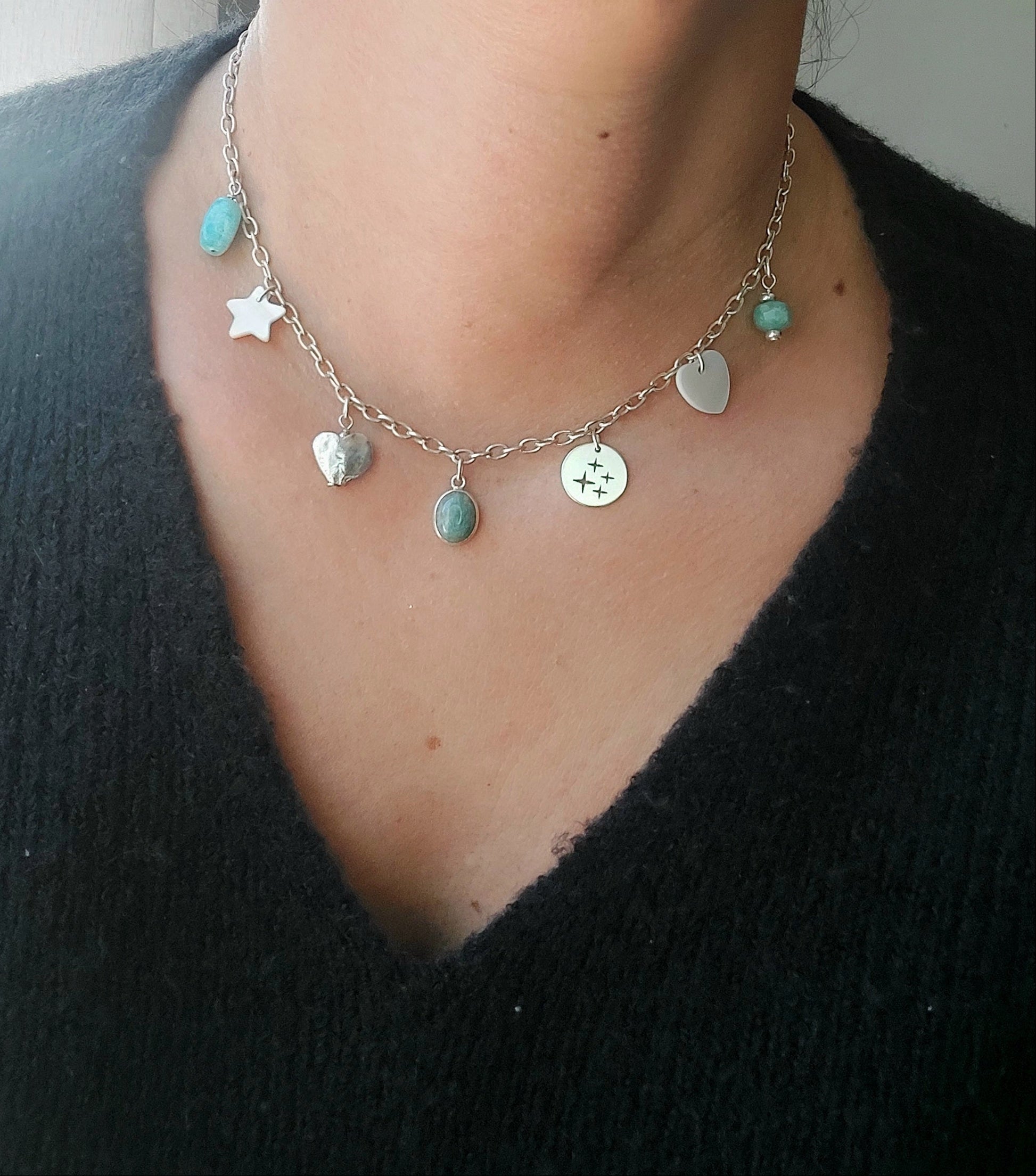 Collier élégant porté en argent 925 avec pendentifs nacre et amazonite
