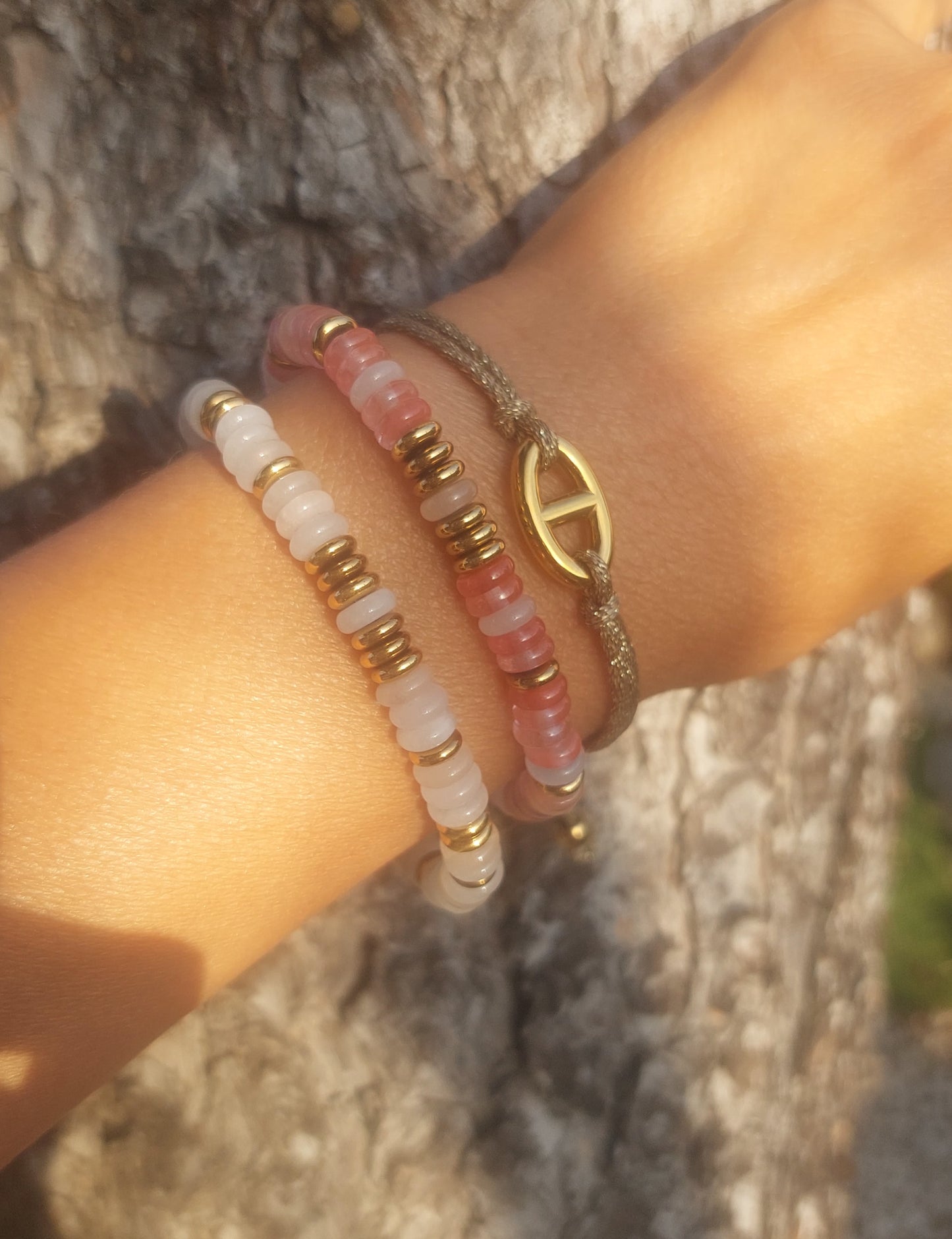 Bracelets Sunset bohèmes élastiques perles naturelles en rondelles bombees 