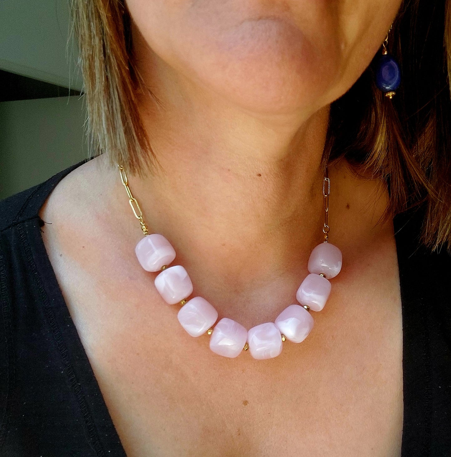 Collier chaine acier inoxydable et grosses perles bijou d'été bohème