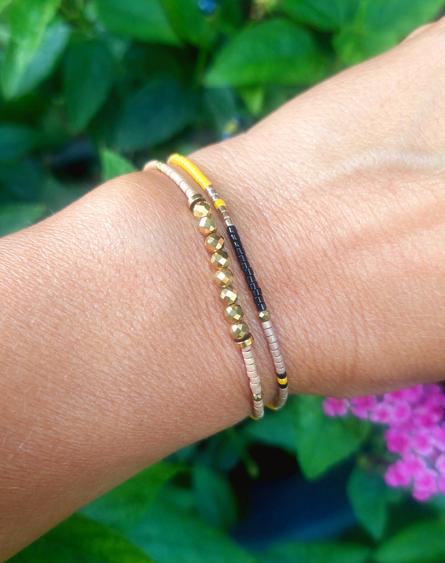 Bracelet double tour en miyuki et cristaux de bohème doré noir caramel et jaune fait main pour femme