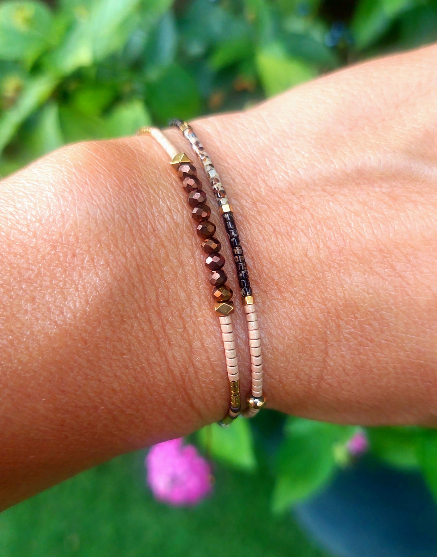 Bracelet double tour en miyuki et cristaux de bohème marron caramel et doré fait main pour femme
