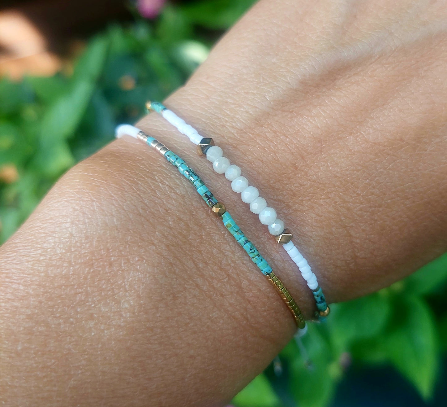 Bracelet double tour blanc et turquoise style bohème fait main por femme