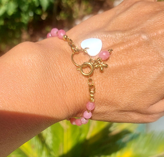 Bracelet bohème en quartz fraise naturelle nacre et acier inoxydable 316L fait main pour femme
