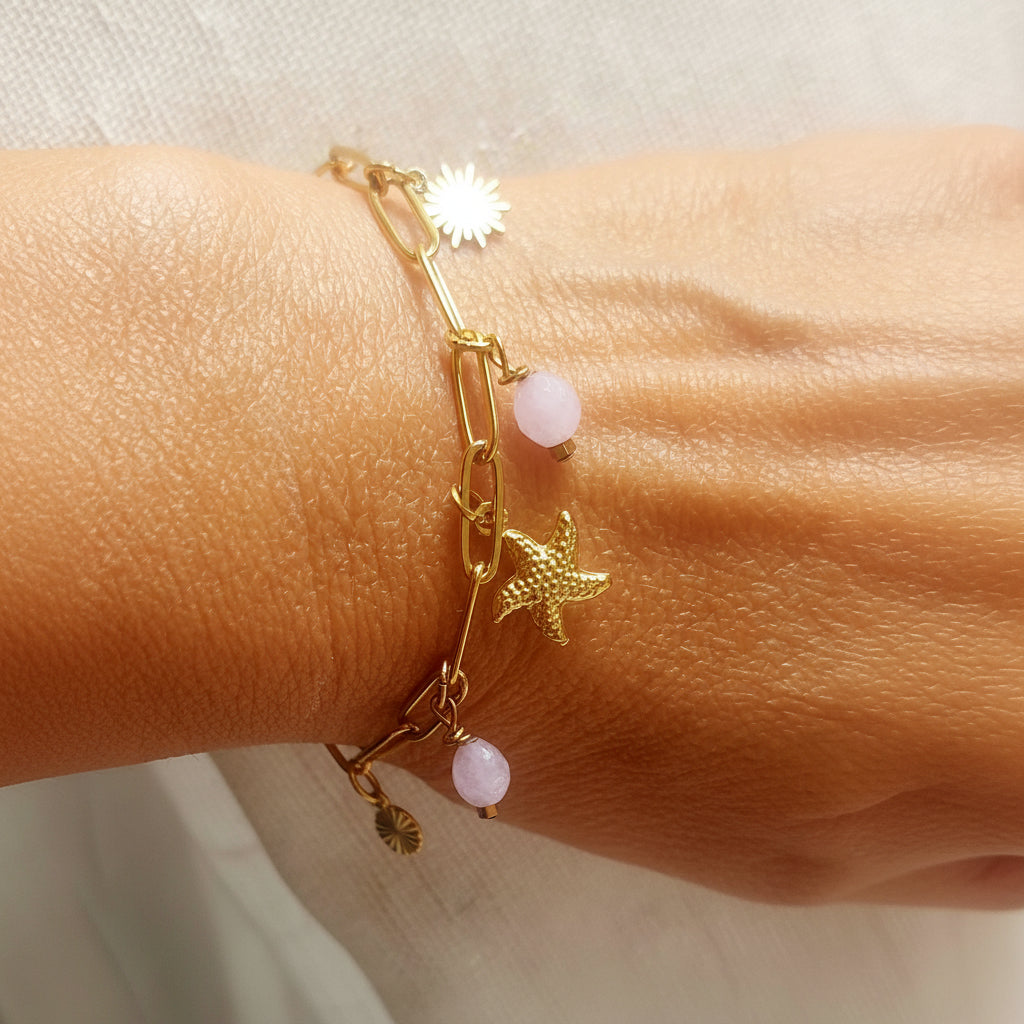 Bracelet Calista en pierre naturelle et acier inoxydable doré fait main bracelet à breloques femme