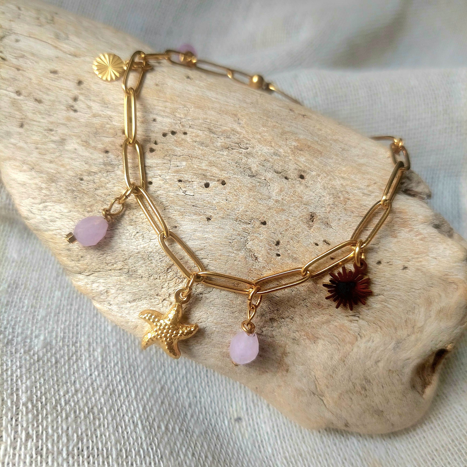 Bracelet breloques marines acier inoxydable et pierres naturelles bohème pour femme
