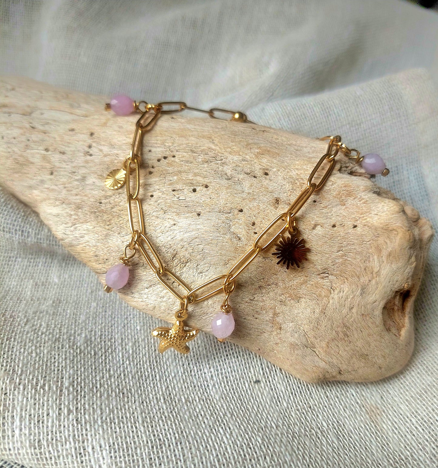 Bracelet bohème breloques acier inoxydable et pierre naturelle gourmette maille rectangle