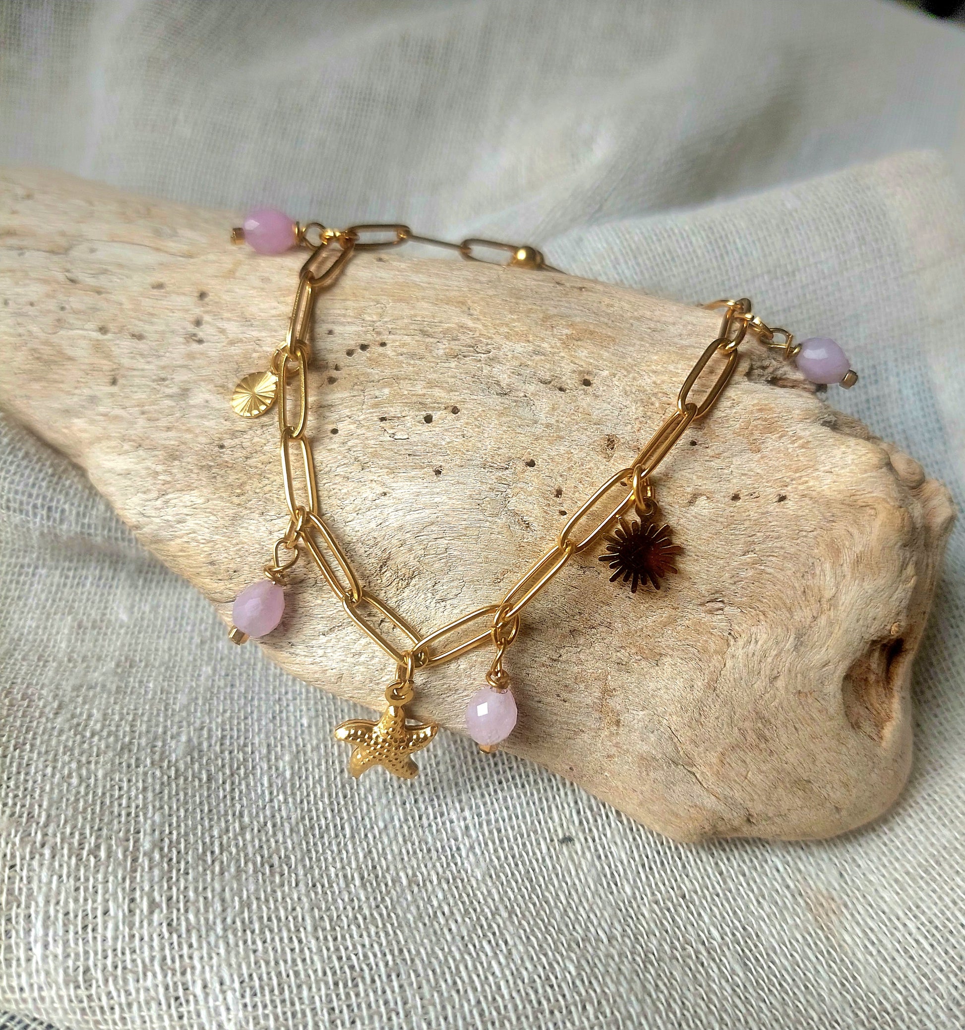 Bracelet bohème breloques acier inoxydable et pierre naturelle gourmette maille rectangle