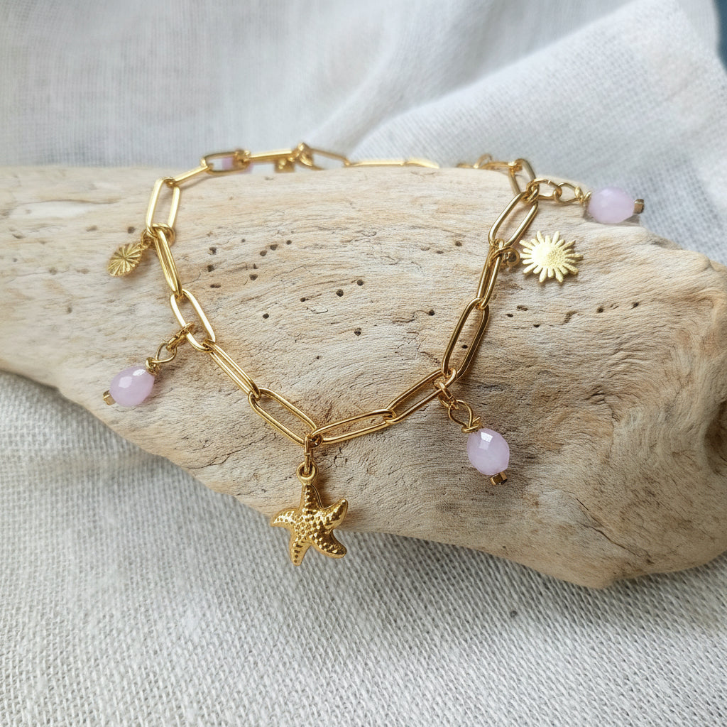 Bijou bohème à breloques bracelet maille gourmette acier inoxydable et pierre naturelle 