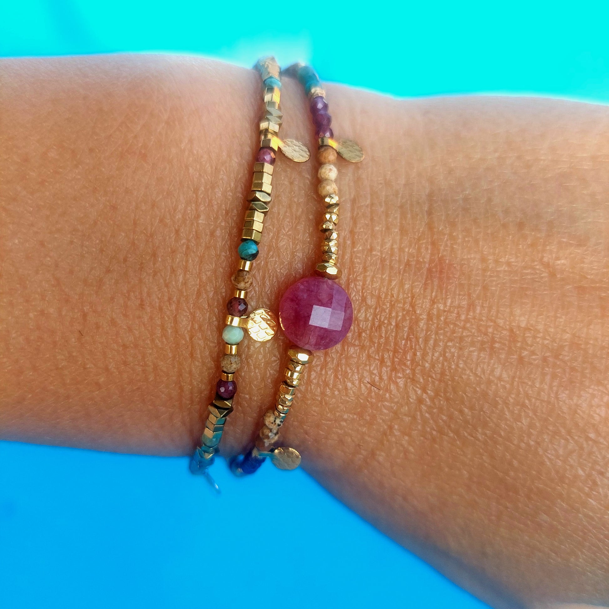 bijou bohème bracelet cordon double pierre naturelle et acier inoxydable 