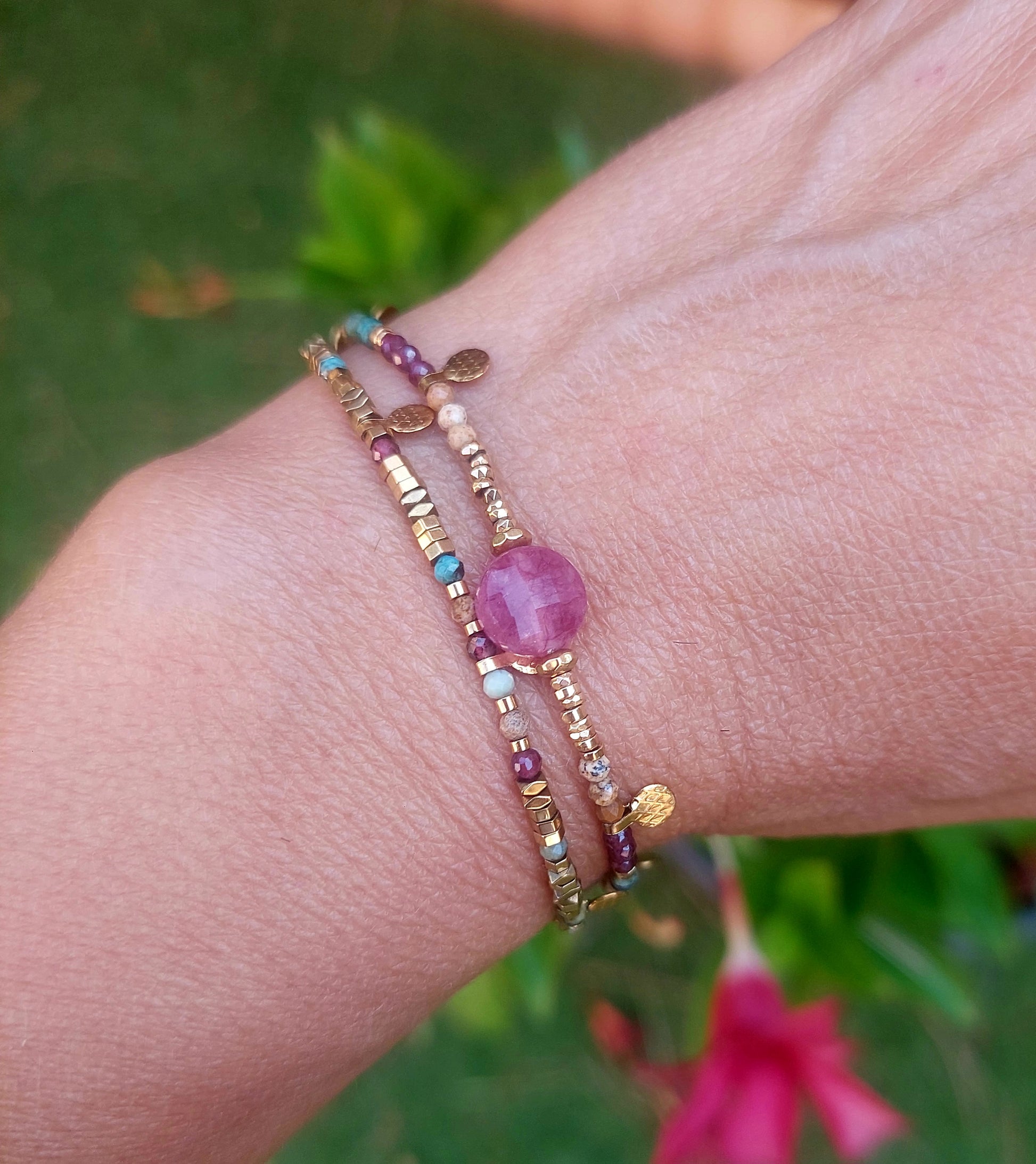 Bijou fait main bracelet double cordon orné de pierre naturelle pour femme lumière neutre