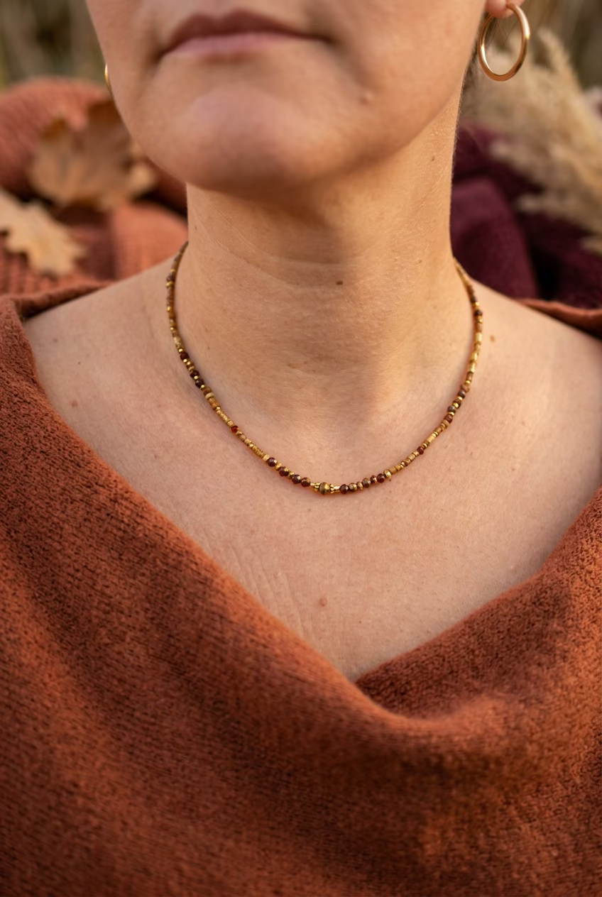 Collier Liséa en perles naturelles de jaspe paysage et œil de tigre, style bohème, finitions acier inoxydable 316 L