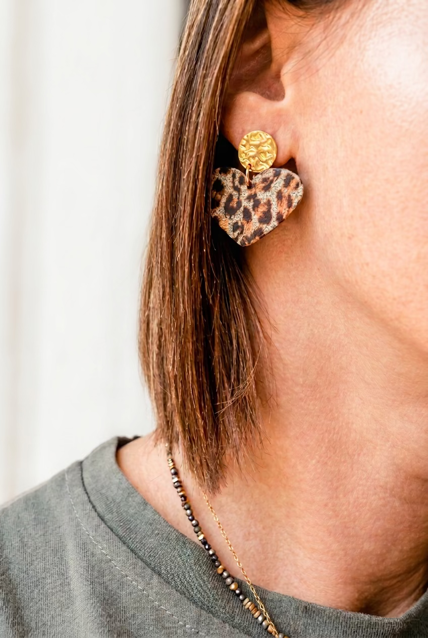 Boucles d'oreilles cœur en acétate motif léopard montées sur clou d'oreille acier inoxydable doré chirurgical. Bijou bohème tendance