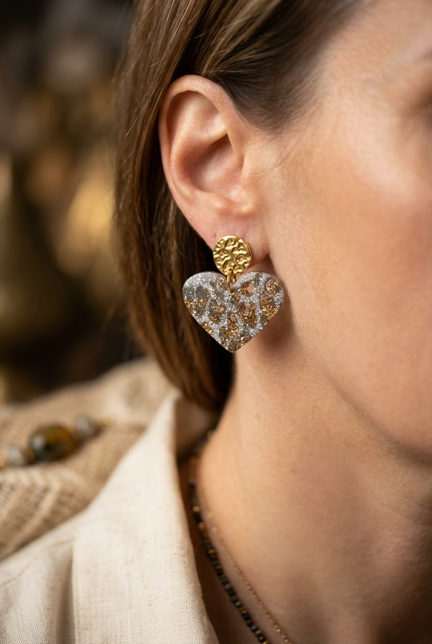 Boucles d'oreilles fantaisies tendances, acier inoxydable chirurgical et cœur acétate motif léopard irisé pour femme