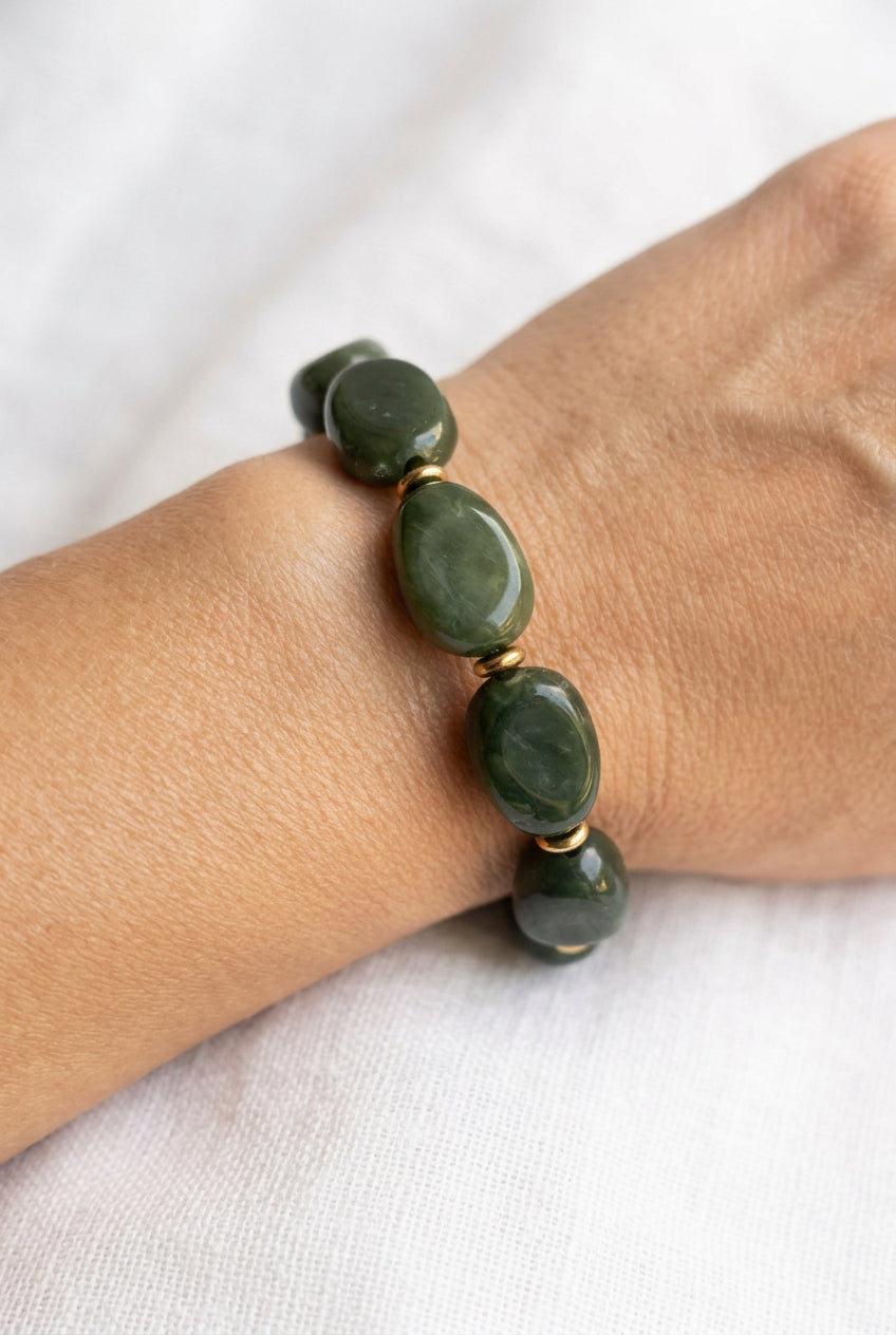 Bracelet grosse perle ovale vert marbré élastique tendance style bohème femme