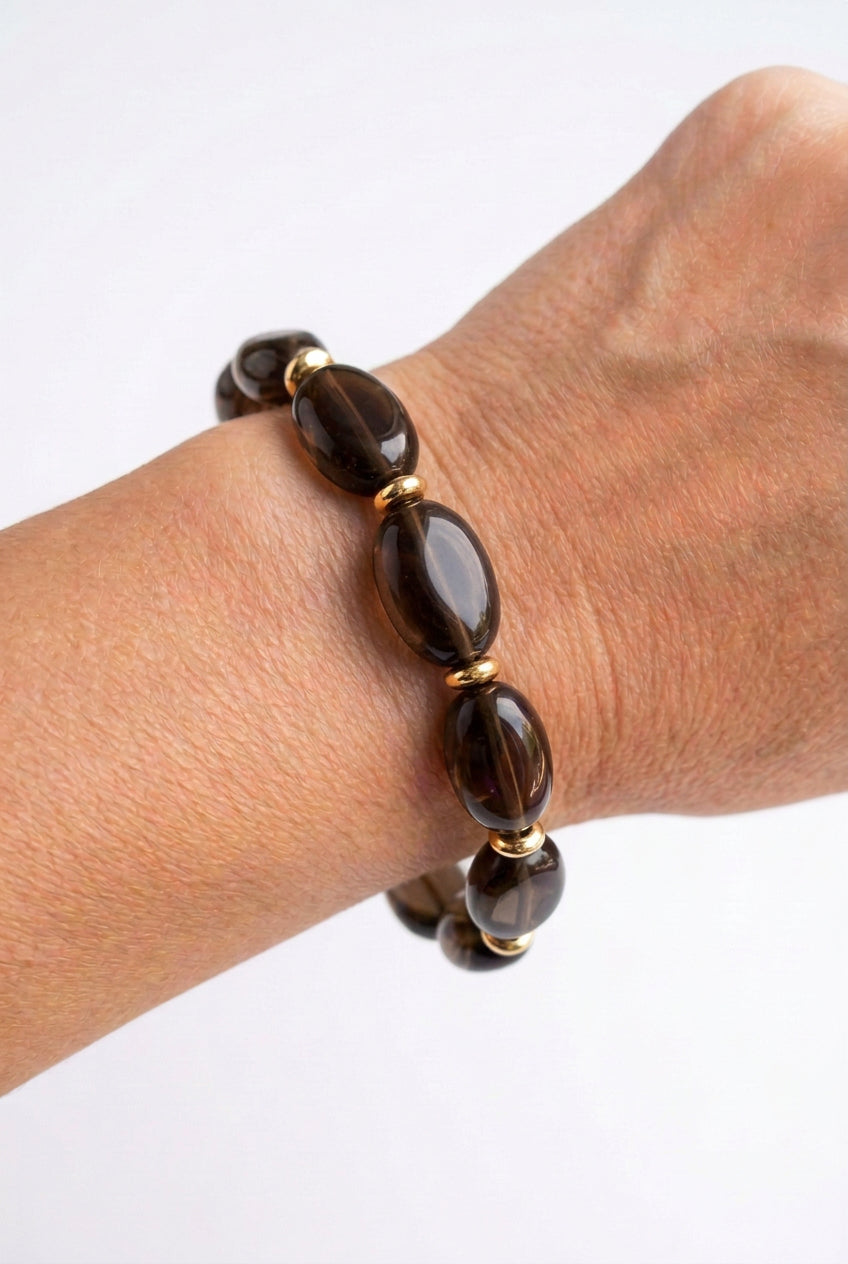 Bracelet grosse perle ovale marron marbré élastique tendance style bohème femme