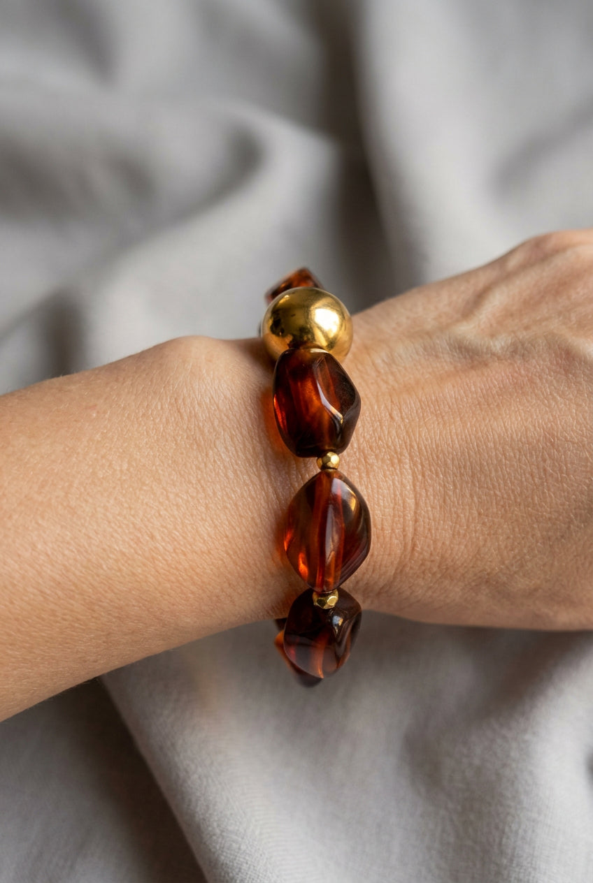 Bracelet élastique grosse perle acrylique couleur ambre pour femme style bohème