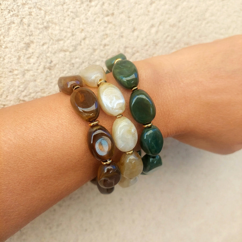 Trio de bracelet élastique grosses perles tons d'automne elégant et bohème femme