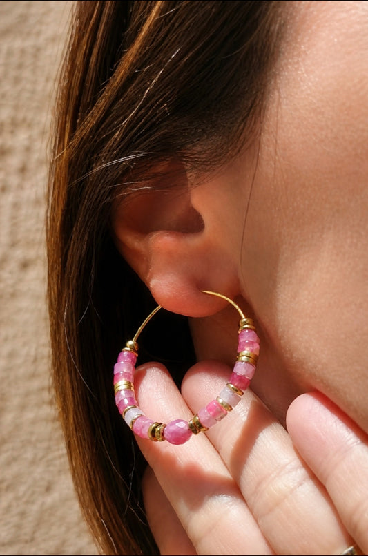Boucles d'oreilles bohèmes quartz fraise et acier inoxydable doré faites main modèle unique Celisamm Creations 