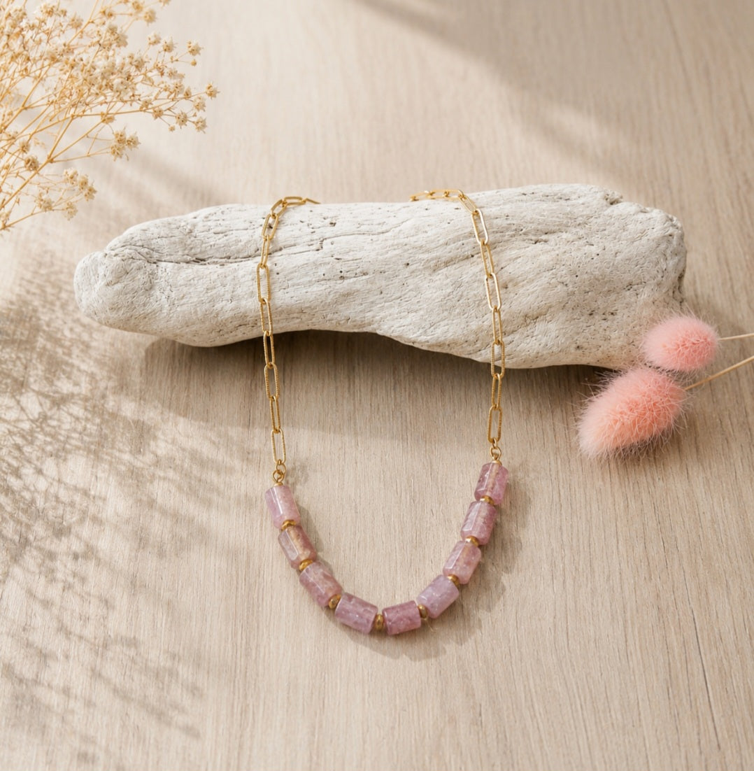 collier acier inoxydable et pierres naturelles quartz fraise modèle unique fait main
