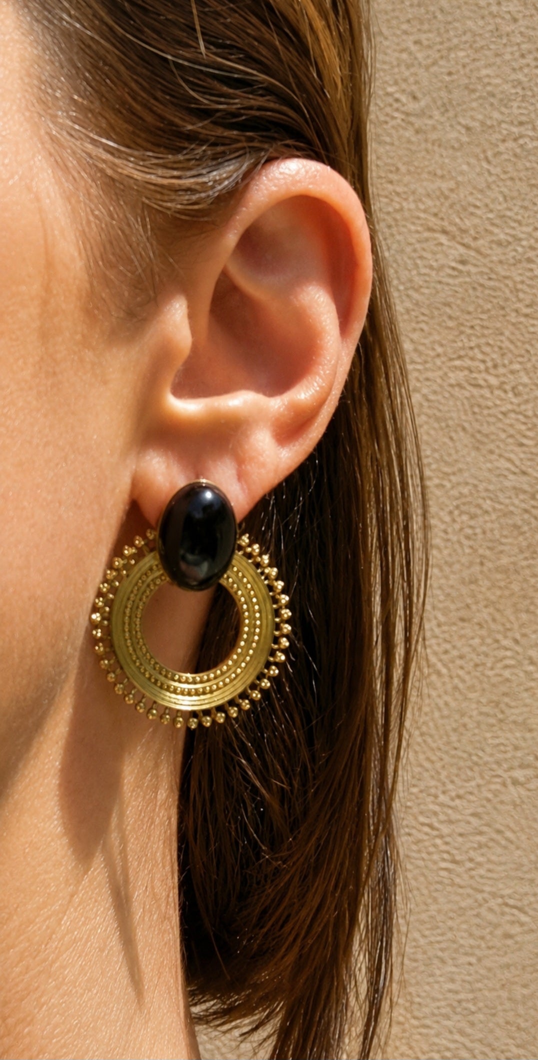 Boucles d'oreilles bohèmes acier inoxydable et pierre naturelle agate noire