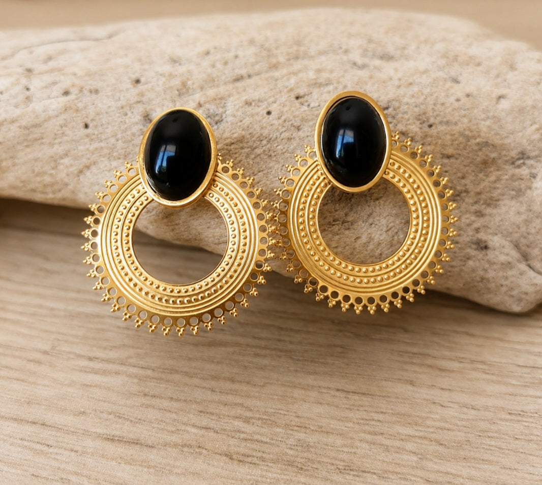 Bijoux acier inoxydable boucles d'oreilles clous d'oreilles soleil et pierre naturelle 