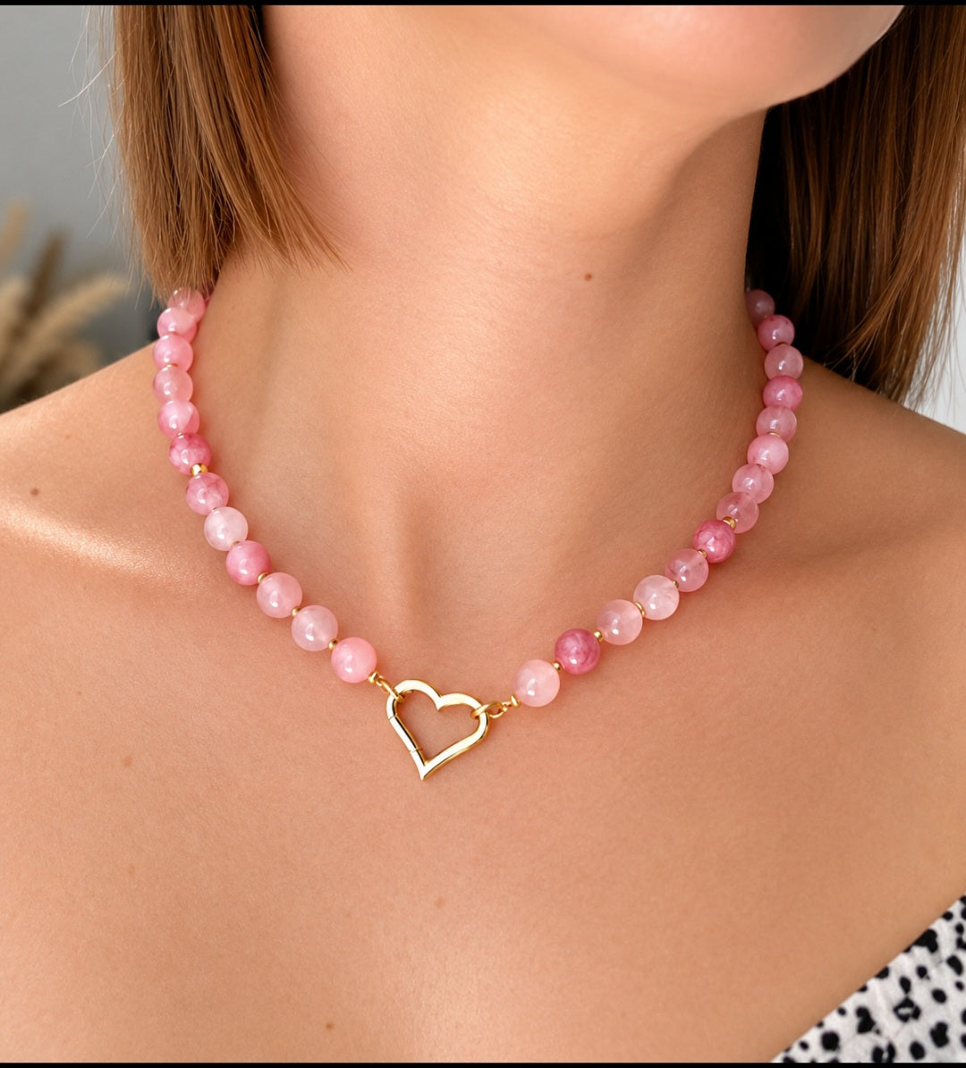 Bijou pour femme collier rafiné fait main en pierres naturelles rose avec cœur en acier inoxydable qualité premium