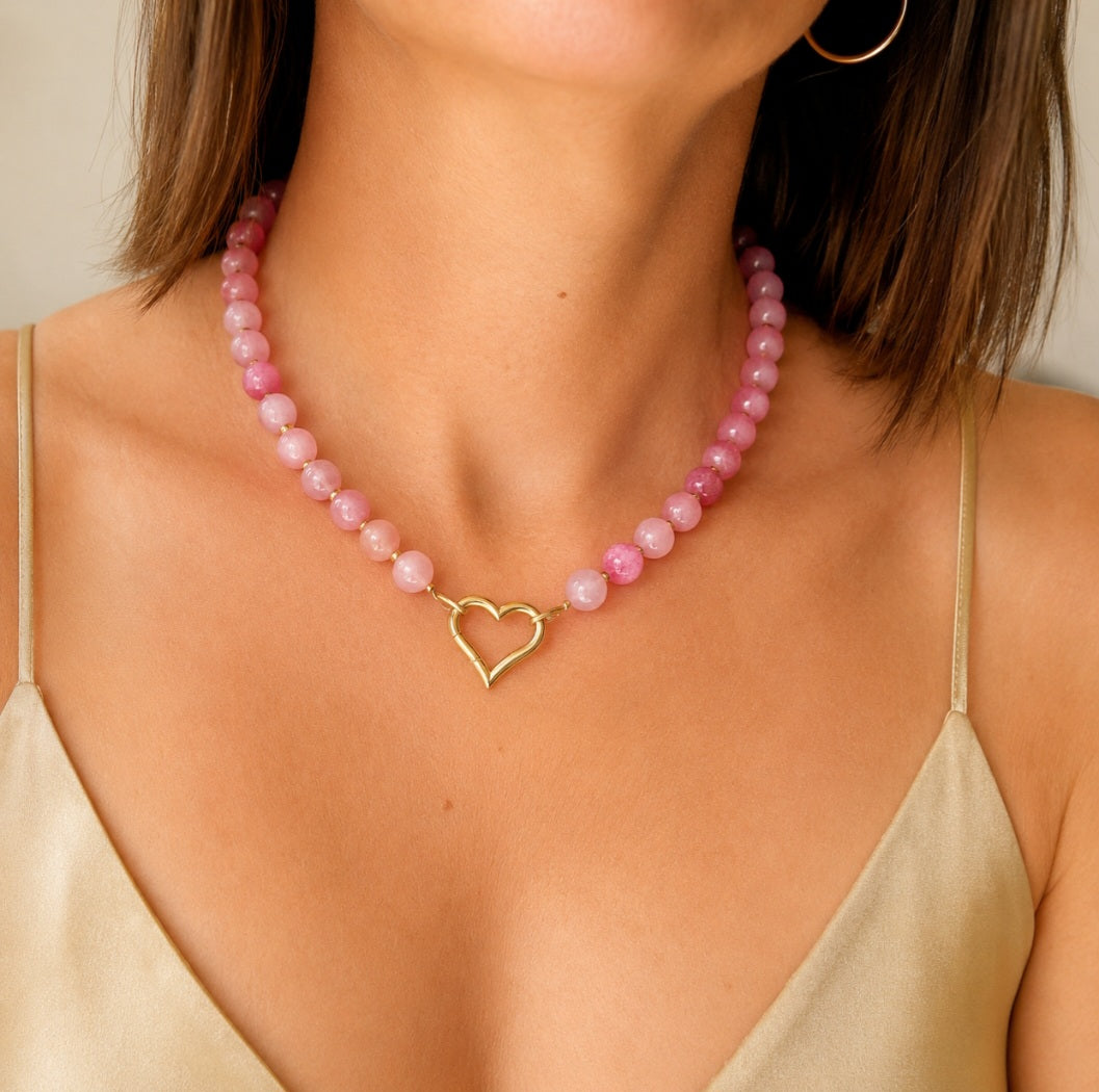 Collier élégant et raffiné en perles rondes de pierres naturelles roses et acier inoxydable bijou femme