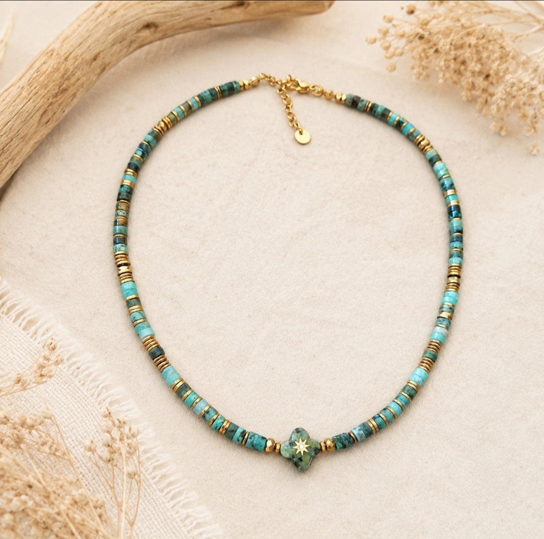 Bijou fait main pour femme turquoise africaine et amazonite naturelles finitions acier inoxydable 