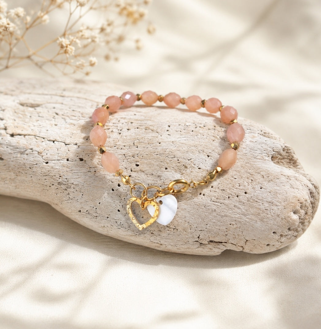 Bracelet Bohème en pierres naturelles de pierre de soleil et acier inoxydable fait main en modèle unique 