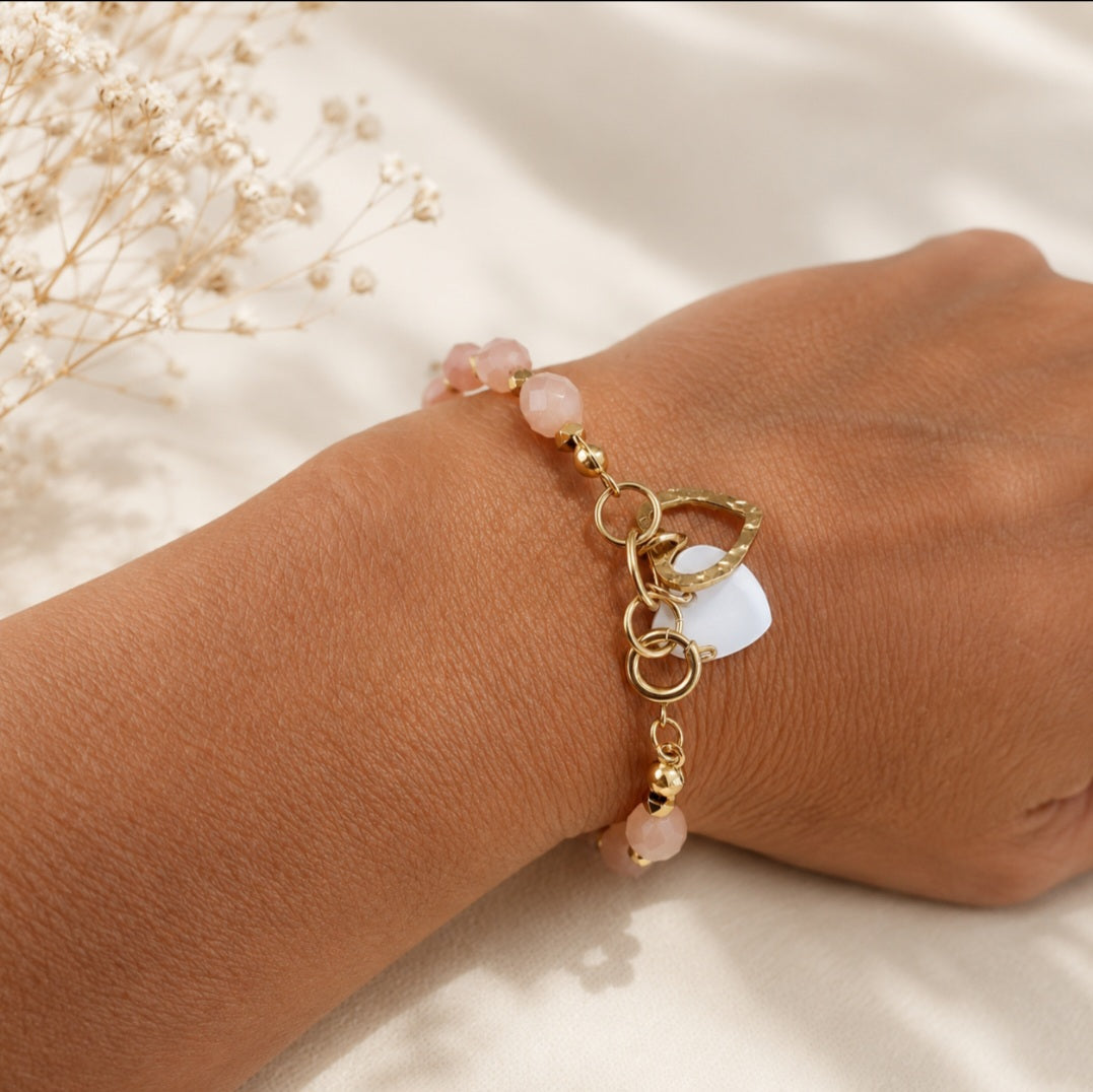 Bracelet bohème fait main en perles naturelles de pierres de soleil et acier inoxydable pour femme