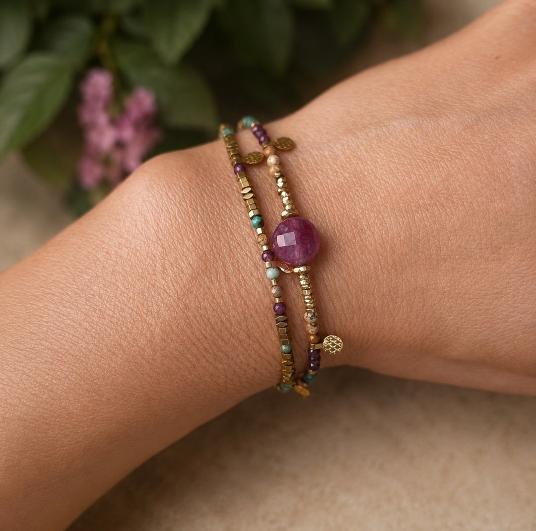 Bracelet bohème cordon double pierre naturelle et acier inoxydable fait main femme
