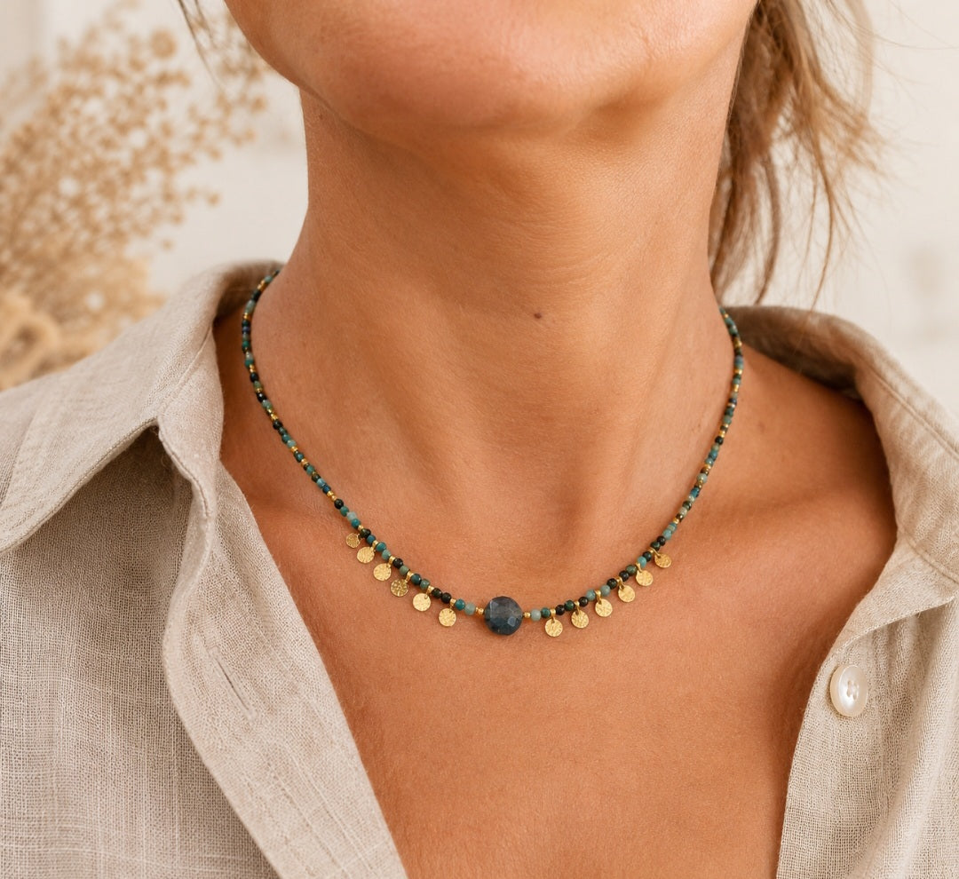 Collier femme en pierres naturelles et acier inoxydable bijou bohème fait main 