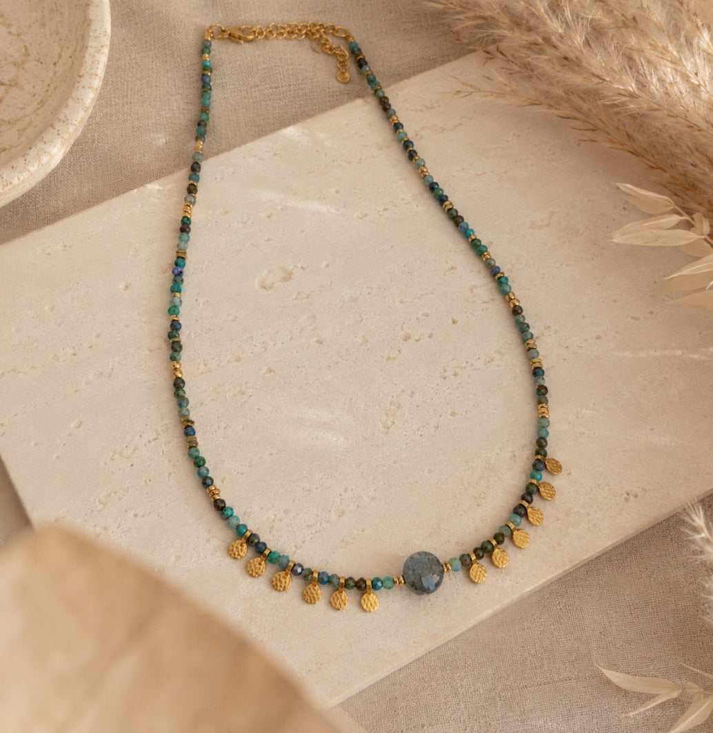 Collier en pierres naturelles et acier inoxydable pour femme style bohème chic