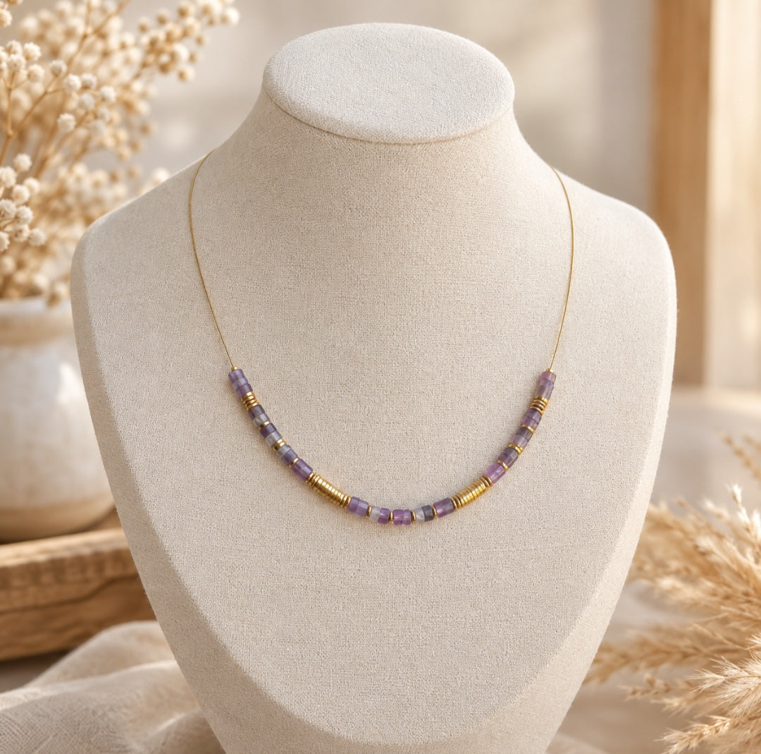 Bijou bohème femme collier améthyste naturelle et acier inoxydable 
