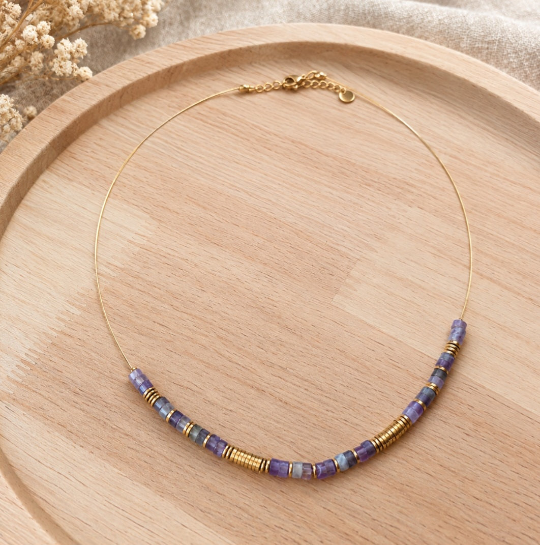 Collier bohème pierres naturelles et acier inoxydable un bijou unique et tendance pour femme en améthyste naturelle fait main