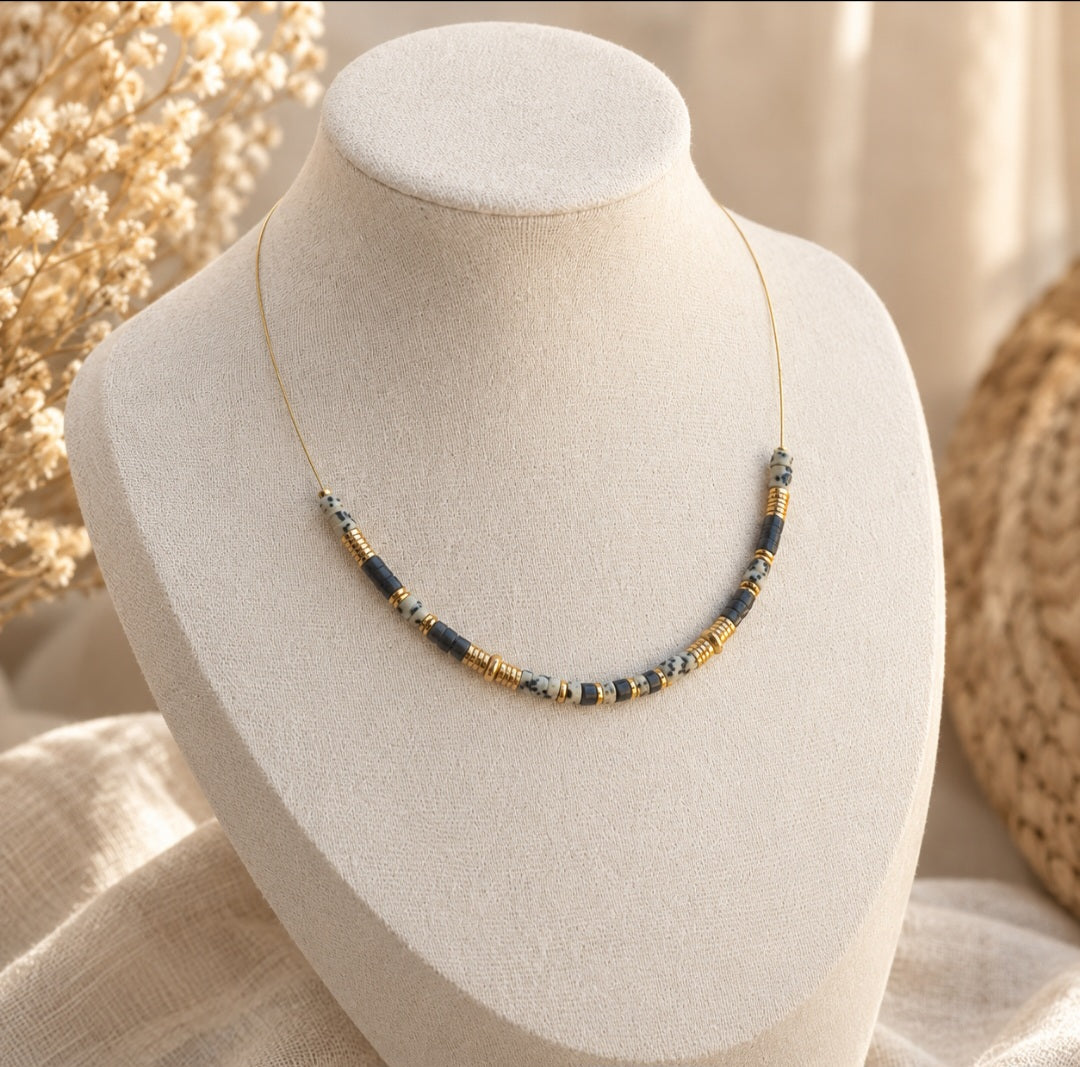 collier femme en pierres naturelles jaspe dalmatien et agate style bohème chic