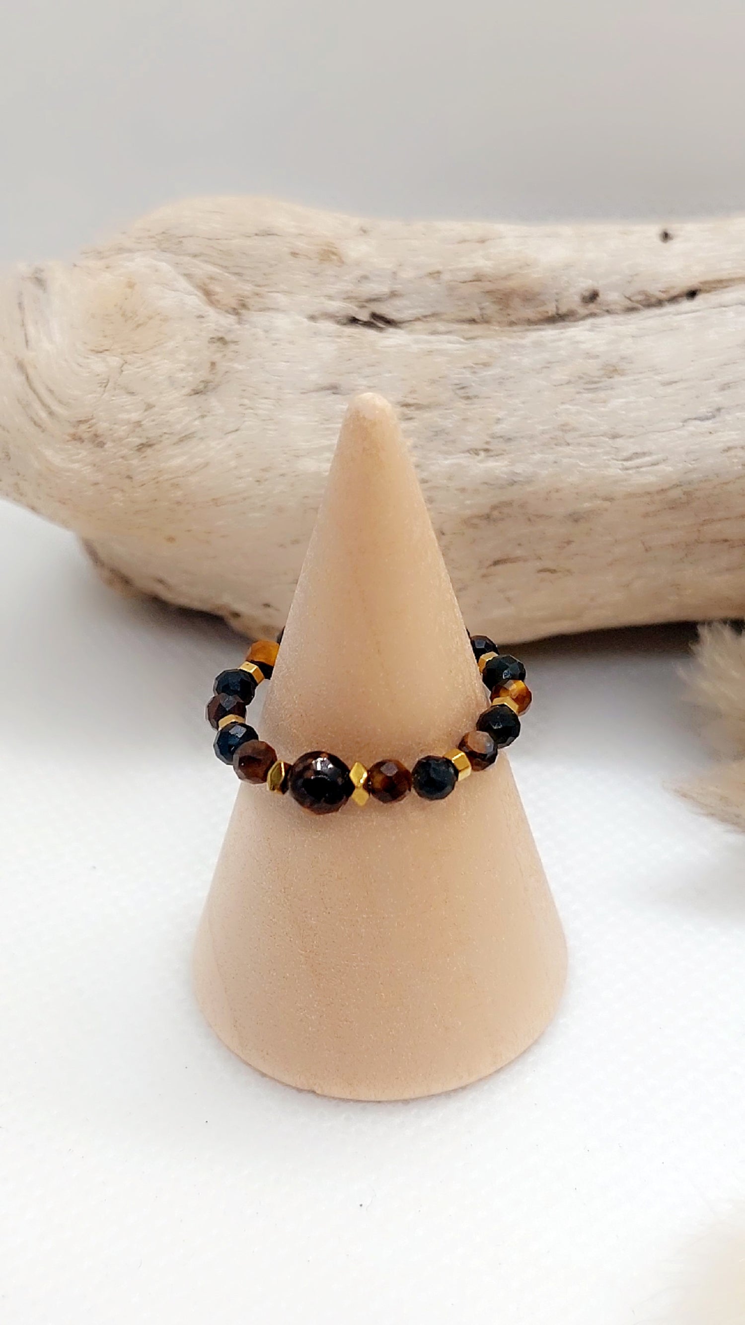 Bague élastique en œil de tigre et obsidienne