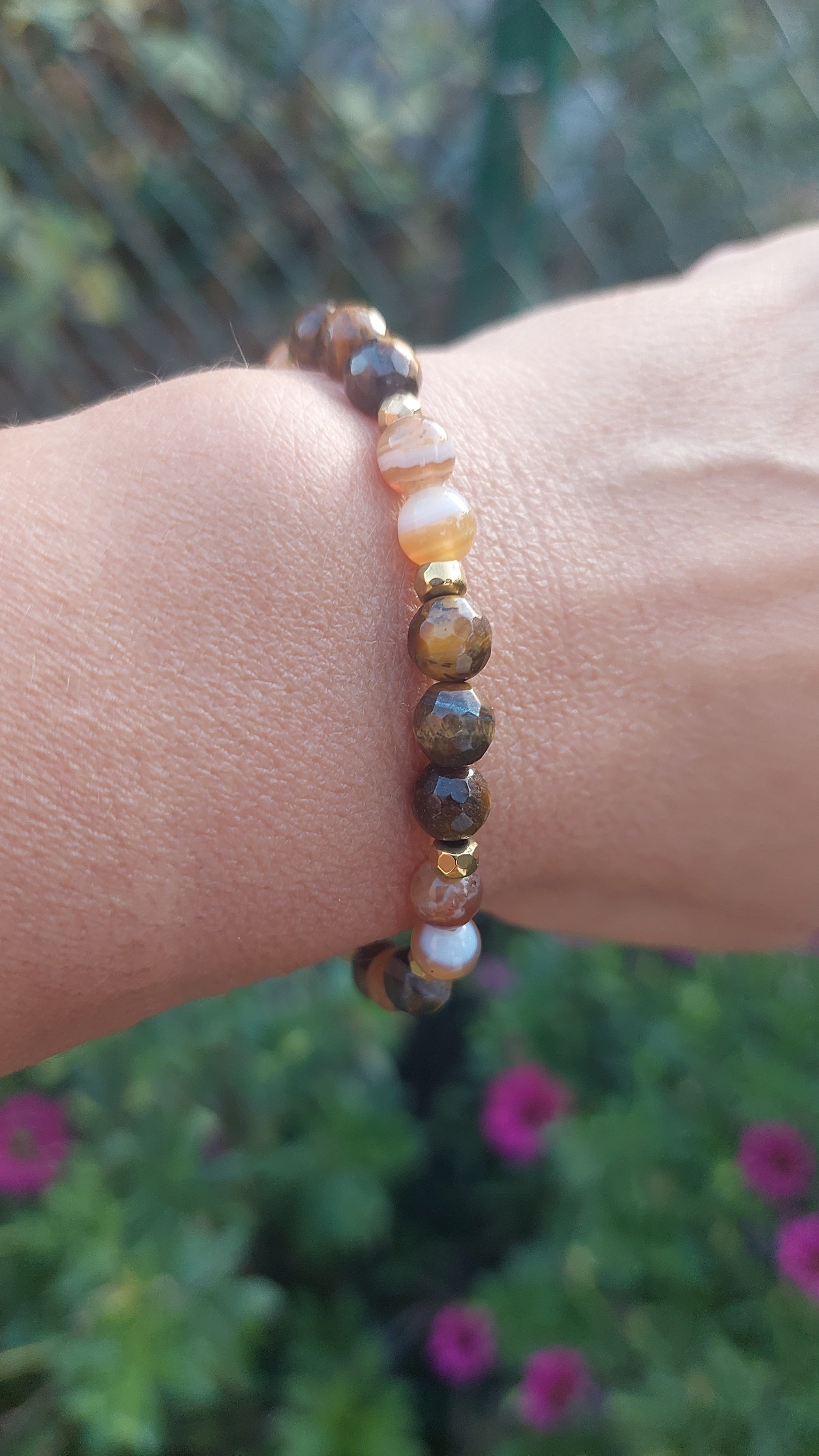 Bracelet femme perles naturelles agates et oeil de tigre 