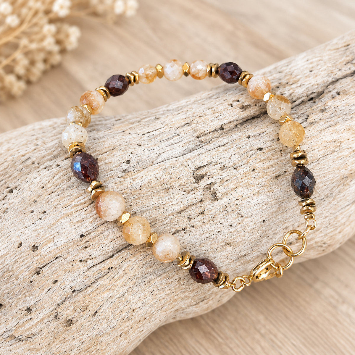 bijou bohème en grenat et citrine bracelet  de perles naturelles et acier inoxydable
