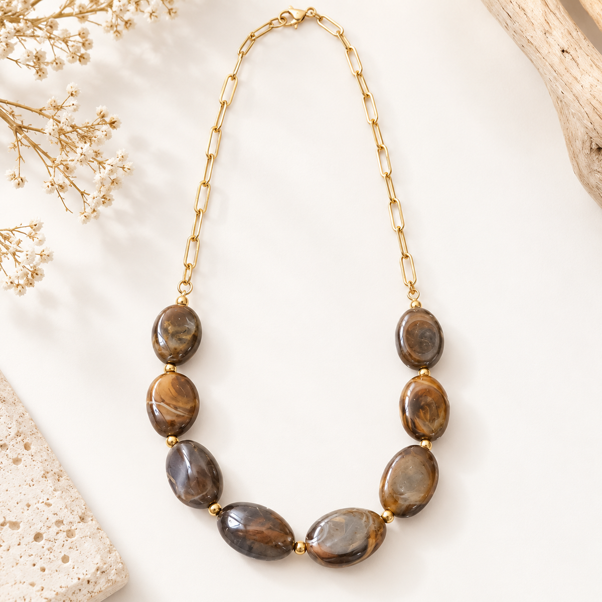 Collier style bohème tendance grosses perles résine acrylique et acier inoxydable fait main pour femme